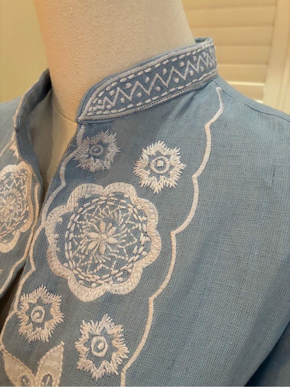 ASHA by Ashley McCormick Light Blue Embroidered Mini Dress w/ White Floral Trim - Picture 3 of 9